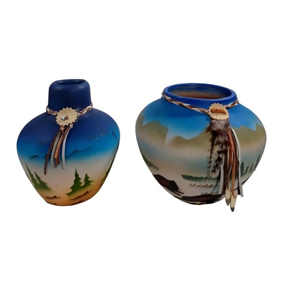 2 Native American Pottery Vases Dreamcatcher Buffalo Southwest Eagle Fea… - Picture 5 of 13